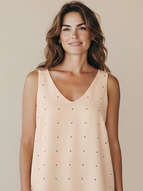 Ann Taylor Sleeveless V-Neck Cream With Black Polka Dot Blouse